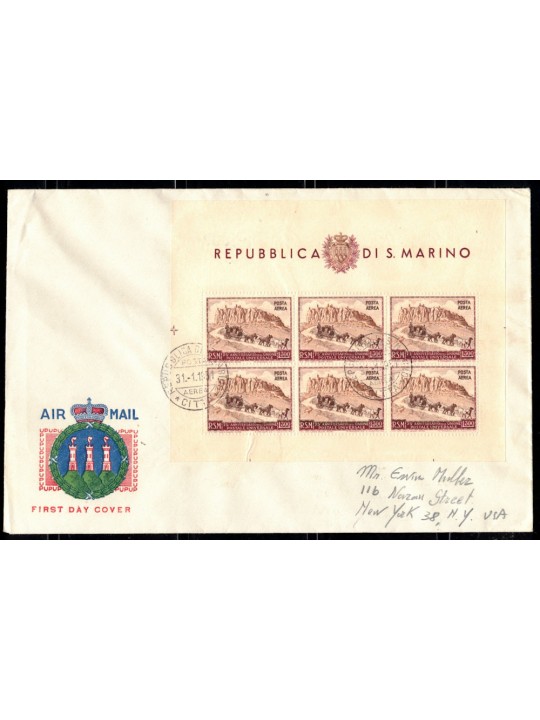 SAN MARINO 1951 FDC Venetia with s/s UPU Airmail