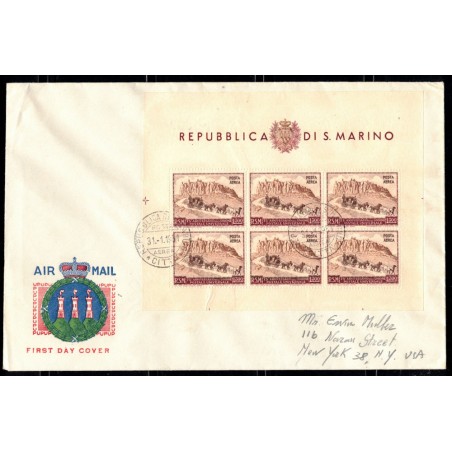 SAN MARINO 1951 FDC Venetia with s/s UPU Airmail