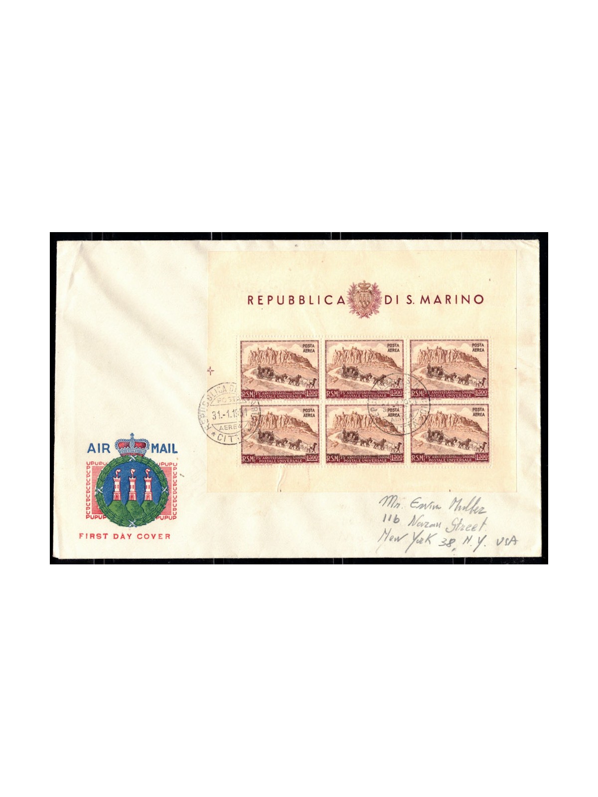 SAN MARINO 1951 FDC Venetia with s/s UPU Airmail