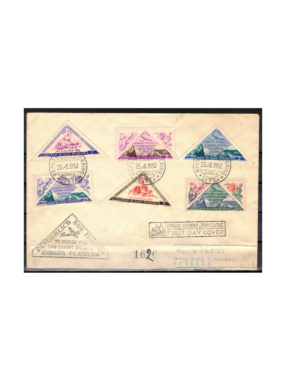 SAN MARINO 1952 FDC Venetia with Airmail Philatelic Day