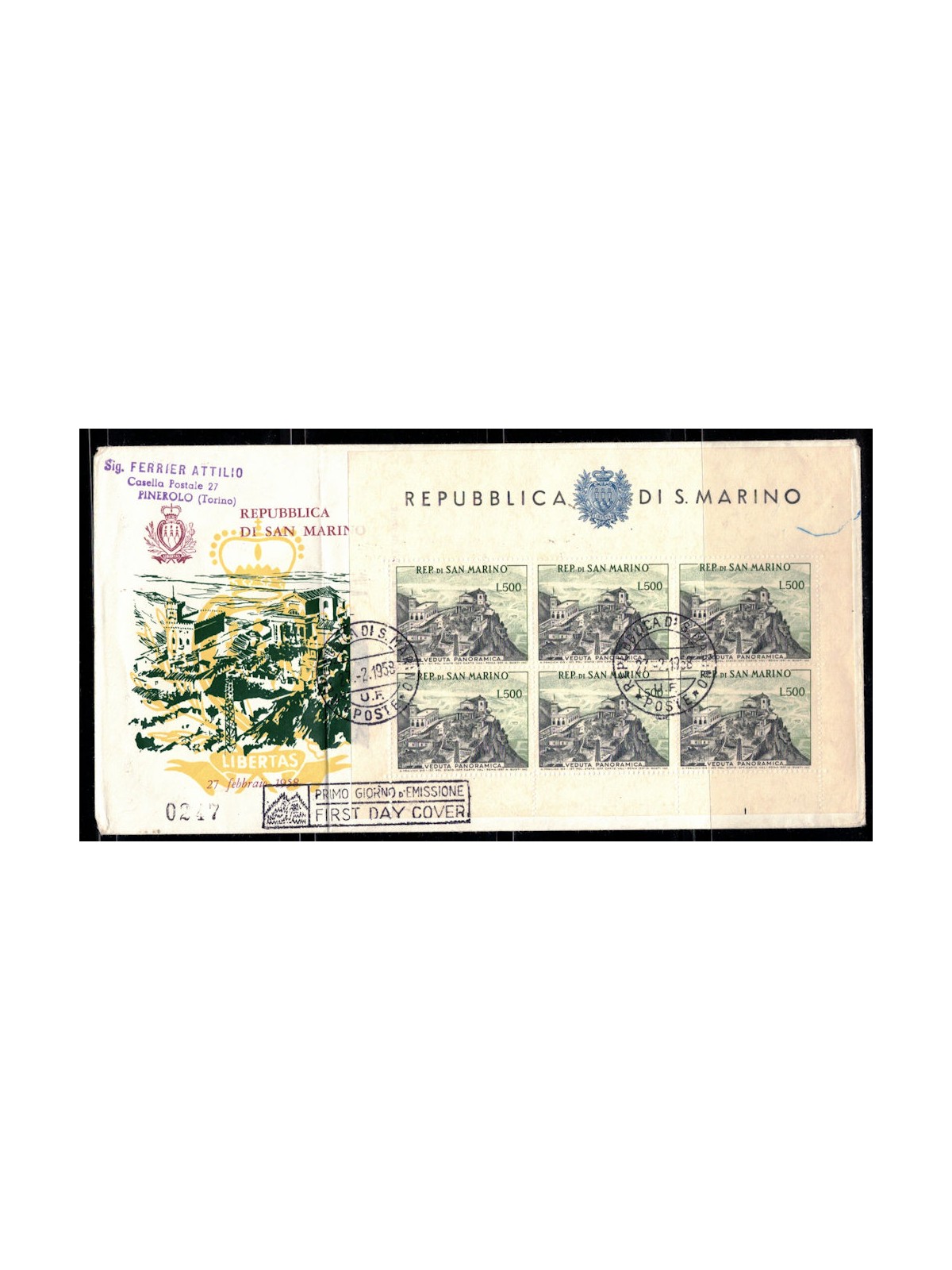 SAN MARINO 1958 FDC with s/s Panorama