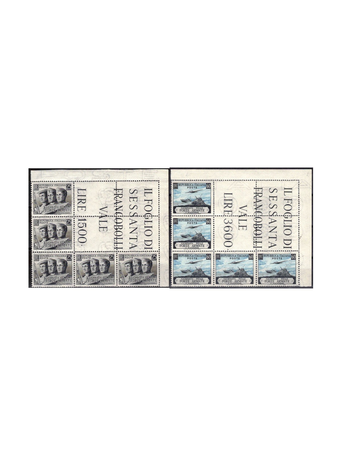 ITALIA 1952 Giornata delle Forze Armate L.25+60, blocco angolare di 5 MNH**
