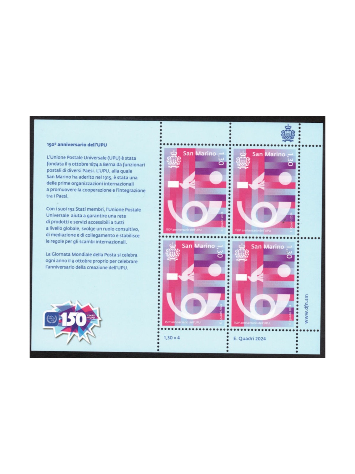 SAN MARINO 2024 150th Anniversary UPU m/s MNH**