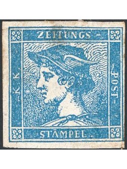 Lombardo Veneto 1851 Francobolli per giornali Testa di Mercurio (0,6) azzurro del 1° tipo buono stato n° 1 Cert. CiBaFil Cat. € 