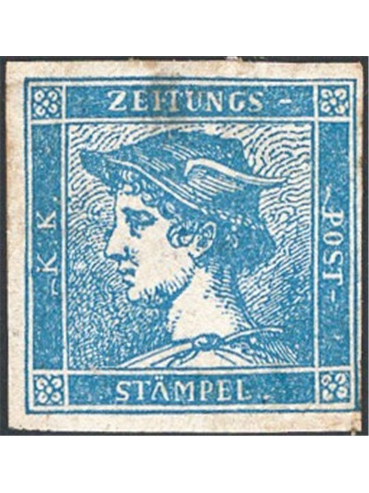 Lombardo Veneto 1851 Francobolli per giornali Testa di Mercurio (0,6) azzurro del 1° tipo buono stato n° 1 Cert. CiBaFil Cat. € 