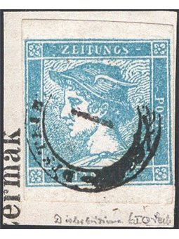 Lombardy-Venetia 1851 Newspaper stamps Head of Mercury 3 c. sky blue 1st type on a fragment cancelled with a small double-circle