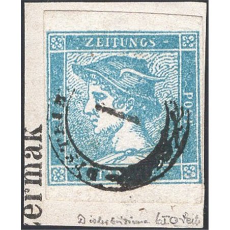 Lombardo Veneto 1851 Francobolli per giornali testa di Mercurio 3 c. celeste 1° tipo su frammento annullato con piccolo bollo a 