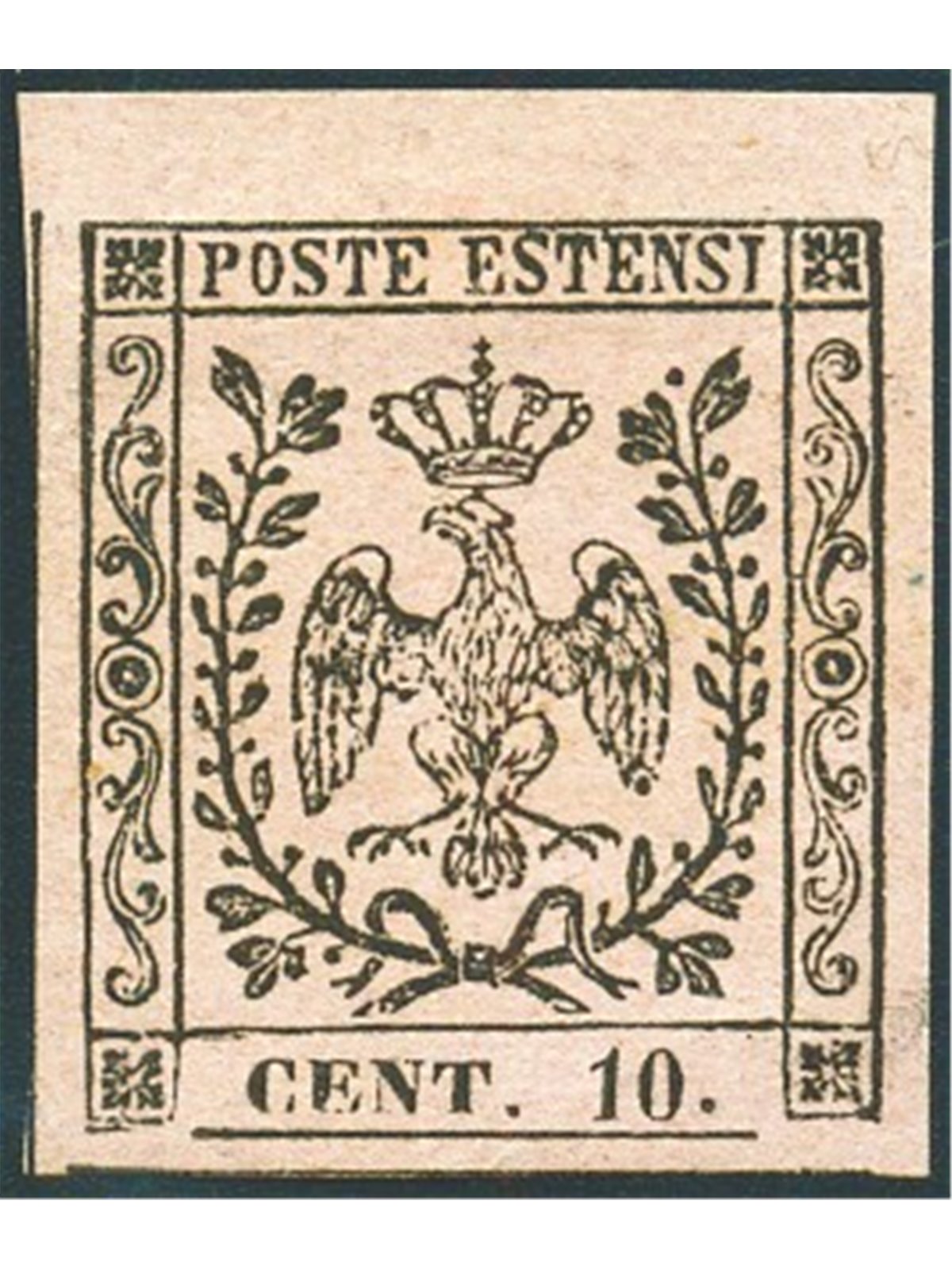 Modena 1857 Aquila estense 10 c. rosa con punto dopo le cifre n° 9 Cert. Biondi Cat. € 900 (*)