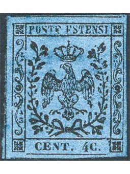 Modena 1852 Aquila estense 40 c. azzurro scuro con varietà “4 C.” invece che “40.” n° 10g Cert. CiBaFil Cat. € 1.200 (*)