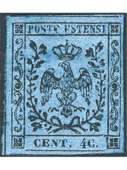 Modena 1852 Este Eagle 40 c. dark blue with the variety “4 C.” instead of “40.” no. 10g. CiBaFil certificate Cat. €1,200 (*)