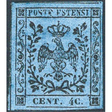 Modena 1852 Este Eagle 40 c. dark blue with the variety “4 C.” instead of “40.” no. 10g. CiBaFil certificate Cat. €1,200 (*)
