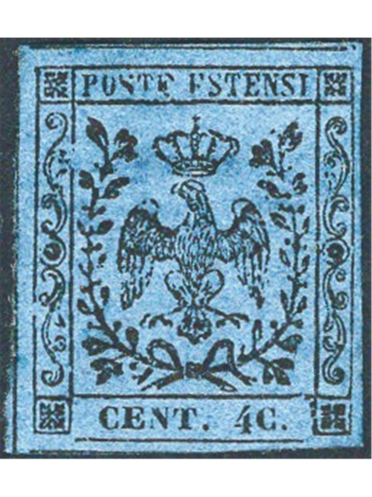 Modena 1852 Este Eagle 40 c. dark blue with the variety “4 C.” instead of “40.” no. 10g. CiBaFil certificate Cat. €1,200 (*)