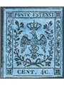 Modena 1852 Aquila estense 40 c. azzurro scuro con varietà “4 C.” invece che “40.” n° 10g Cert. CiBaFil Cat. € 1.200 (*)