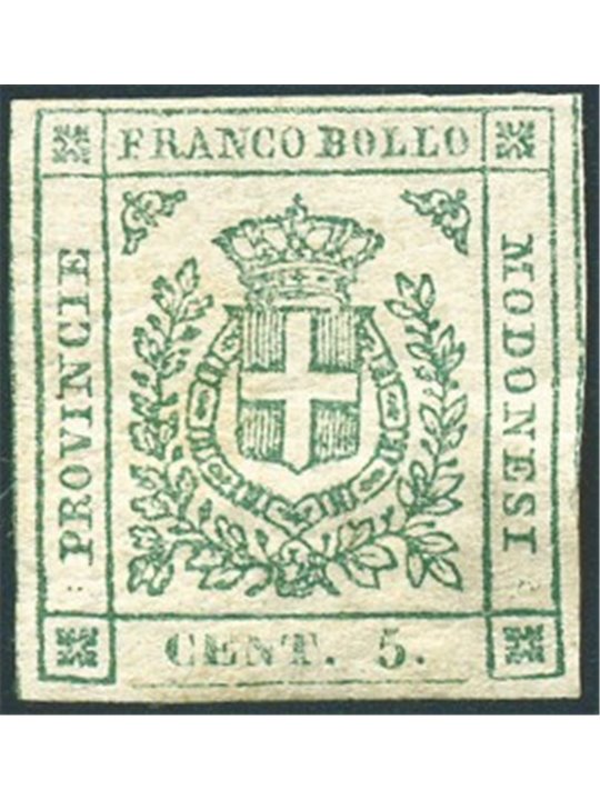 Modena 1859 Provincial Government 5 c. Savoy coat of arms no. 12 Certified by Biondi Catalogue price: €2,400 (*)