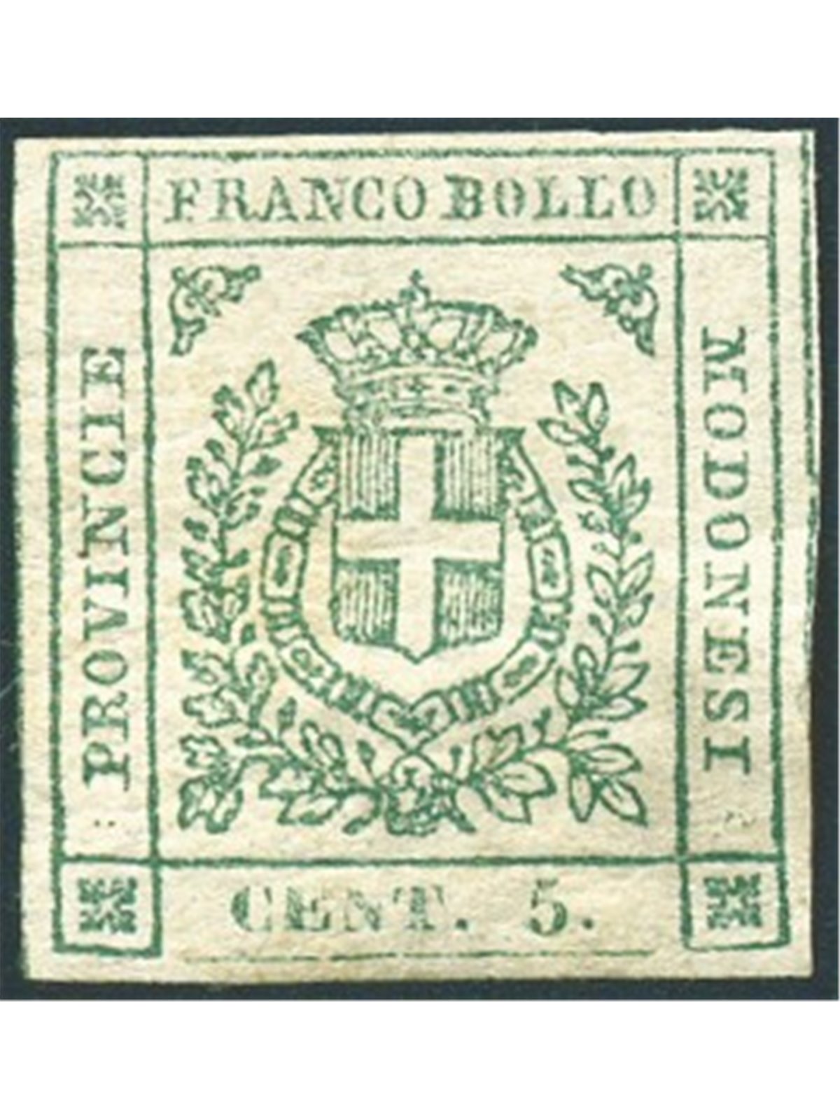 Modena 1859 Gov. Provv. 5 c. stemma di Savoia n° 12 Cert. Biondi Cat. € 2.400 (*)