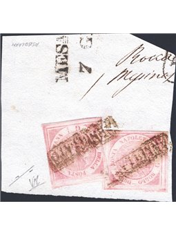 Napoli 1858 ½ gr. carminio su frammento 2 esemplari della 2° tavola n° 2 Cert. CiBaFil Cat. € 2.400 (Fr)