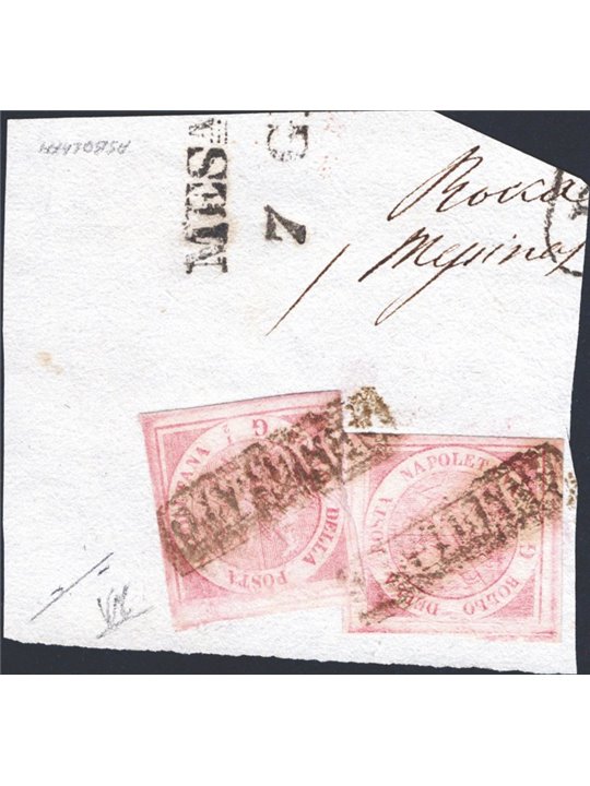 Naples 1858 ½ gr. carmine on fragment 2 specimens from the 2nd plate no. 2 Certified by CiBaFil Catalogue price: €2,400 (Fr)