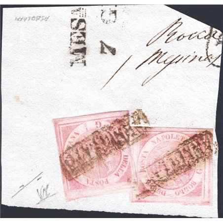 Napoli 1858 ½ gr. carminio su frammento 2 esemplari della 2° tavola n° 2 Cert. CiBaFil Cat. € 2.400 (Fr)