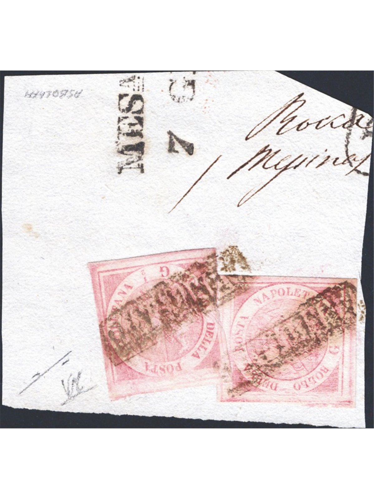 Napoli 1858 ½ gr. carminio su frammento 2 esemplari della 2° tavola n° 2 Cert. CiBaFil Cat. € 2.400 (Fr)