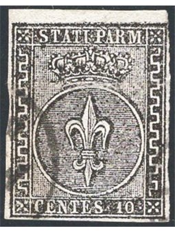 Parma 1852 Giglio borbonico 10 c. bianco n° 2 riparato. Firm. AD ED + altro Cert. CiBaFil Cat. € 350 (U)