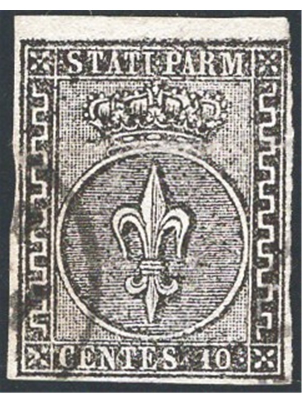 Parma 1852 Giglio borbonico 10 c. bianco n° 2 riparato. Firm. AD ED + altro Cert. CiBaFil Cat. € 350 (U)