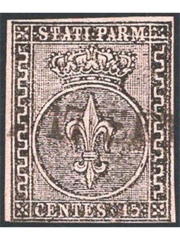 Parma 1852 Giglio borbonico 15 c. rosa n° 3. Firm. Chia ED Cert. CiBaFil Cat. € 220 (U)