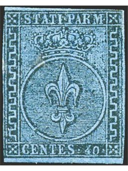 Parma 1852 Giglio borbonico 40 c. azzurro n° 5 Cert. Biondi Cat. € 14.000 (*)