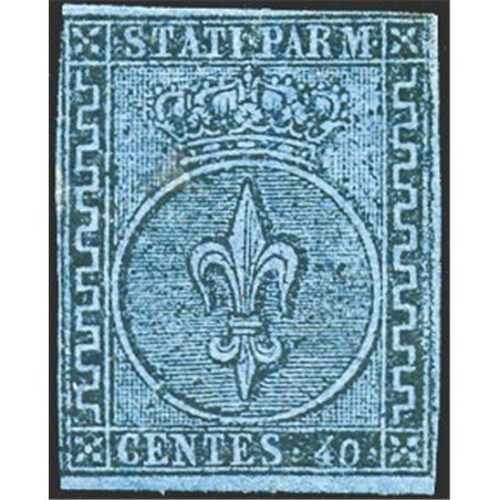 Parma 1852 Giglio borbonico 40 c. azzurro n° 5 Cert. Biondi Cat. € 14.000 (*)