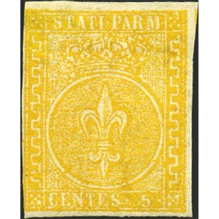 Parma 1853/55 Giglio borbonico 5 c. giallo arancio n° 6 Cert. Biondi Cat. € 35.000 (*)