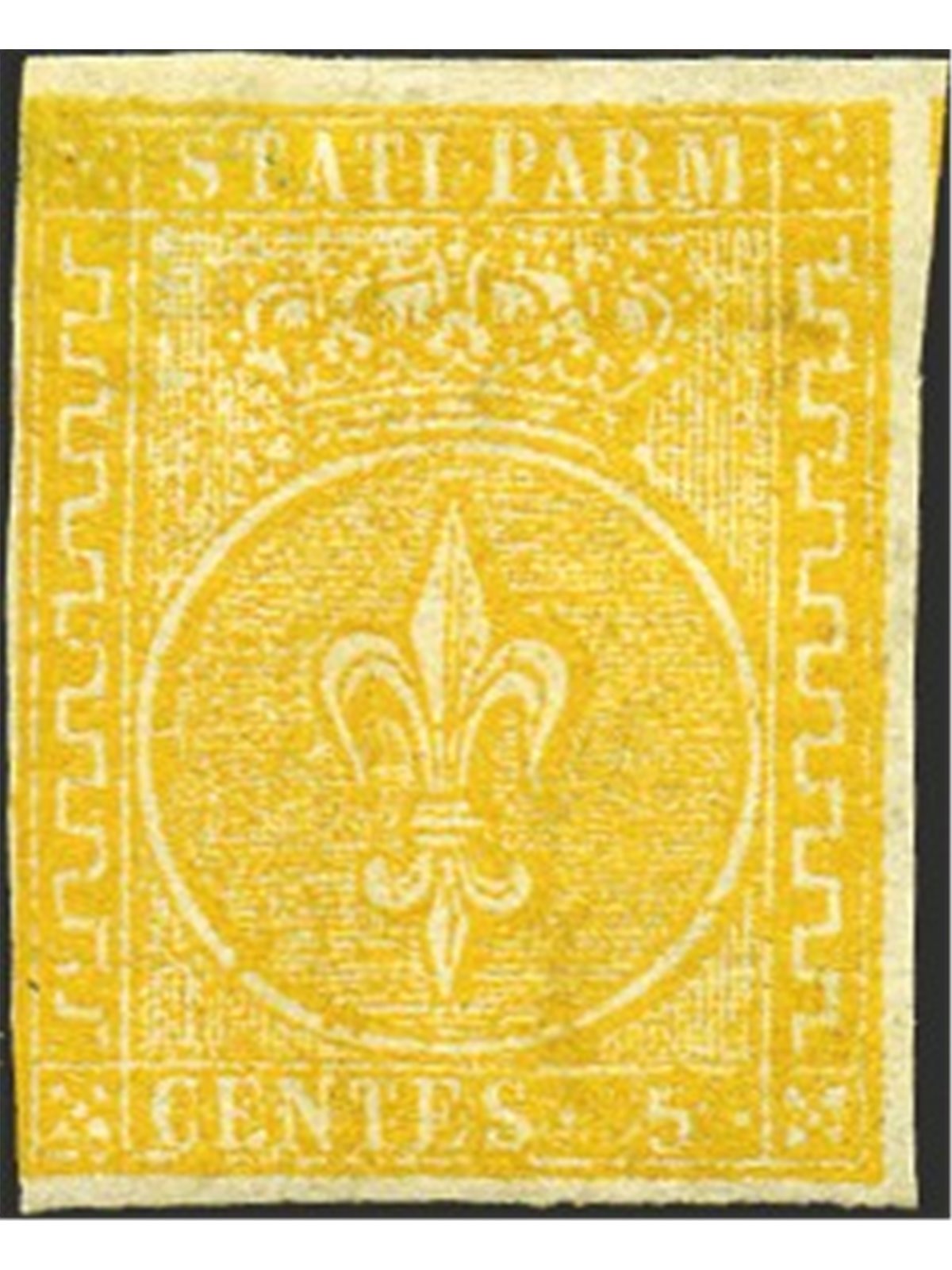 Parma 1853/55 Bourbon Lily 5 c. orange-yellow no. 6 Certified by Biondi Cat. €35,000 (*)