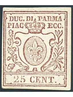 Parma 1857 Bourbon Lily 25 c. lilac-brown no. 10 Cert. Biondi Cat. €2,000 (*)