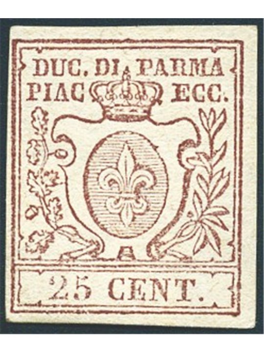 Parma 1857 Bourbon Lily 25 c. lilac-brown no. 10 Cert. Biondi Cat. €2,000 (*)