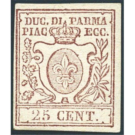 Parma 1857 Bourbon Lily 25 c. lilac-brown no. 10 Cert. Biondi Cat. €2,000 (*)