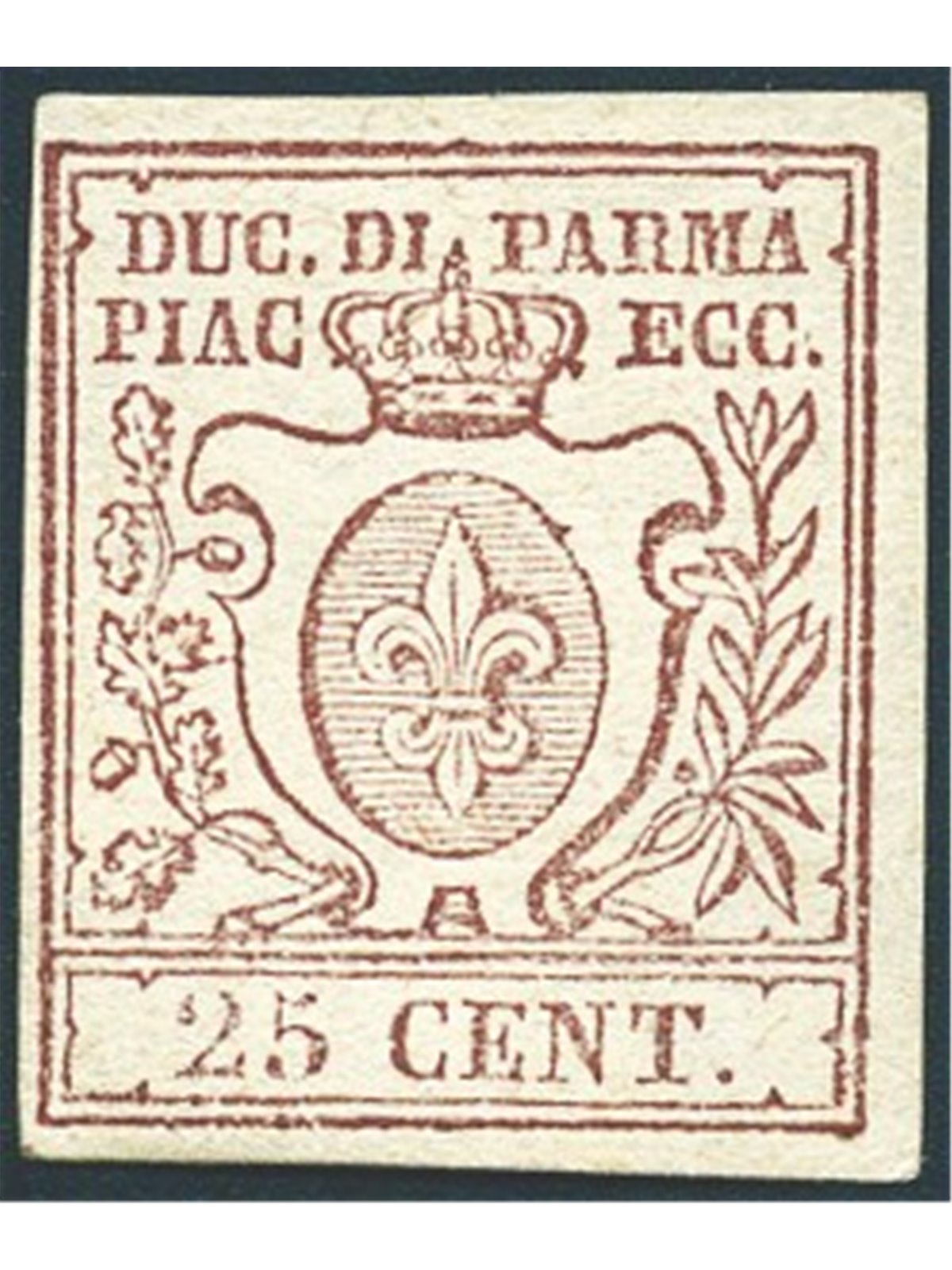 Parma 1857 Bourbon Lily 25 c. lilac-brown no. 10 Cert. Biondi Cat. €2,000 (*)