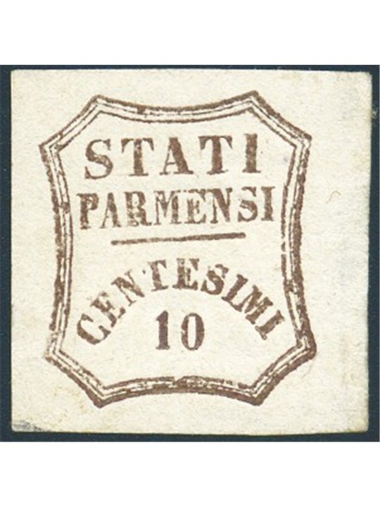 Parma 1859 Gov. Provv. 10 c. bruno n° 14 Cert. Biondi Cat. € 2.200 (*)