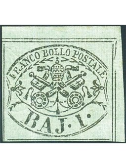 Stato Pontificio 1852 Stemma 1 b. verde grigiastro angolo di foglio n° 2 Cert. Biondi Cat. € 1.000 (**)