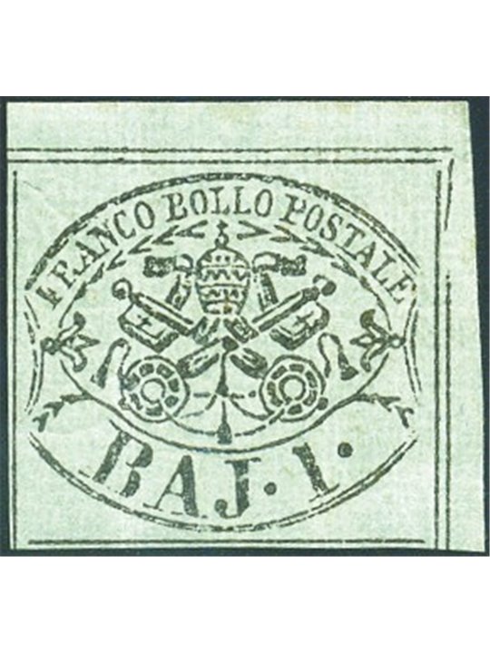 Stato Pontificio 1852 Stemma 1 b. verde grigiastro angolo di foglio n° 2 Cert. Biondi Cat. € 1.000 (**)