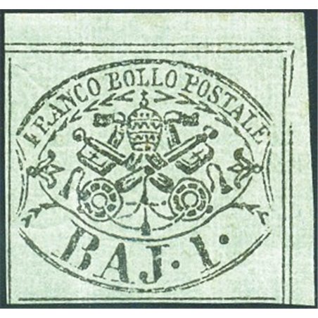 Papal States 1852 Coat of Arms 1 b. greyish-green corner of sheet no. 2 Cert. Biondi Cat. €1,000 (**)