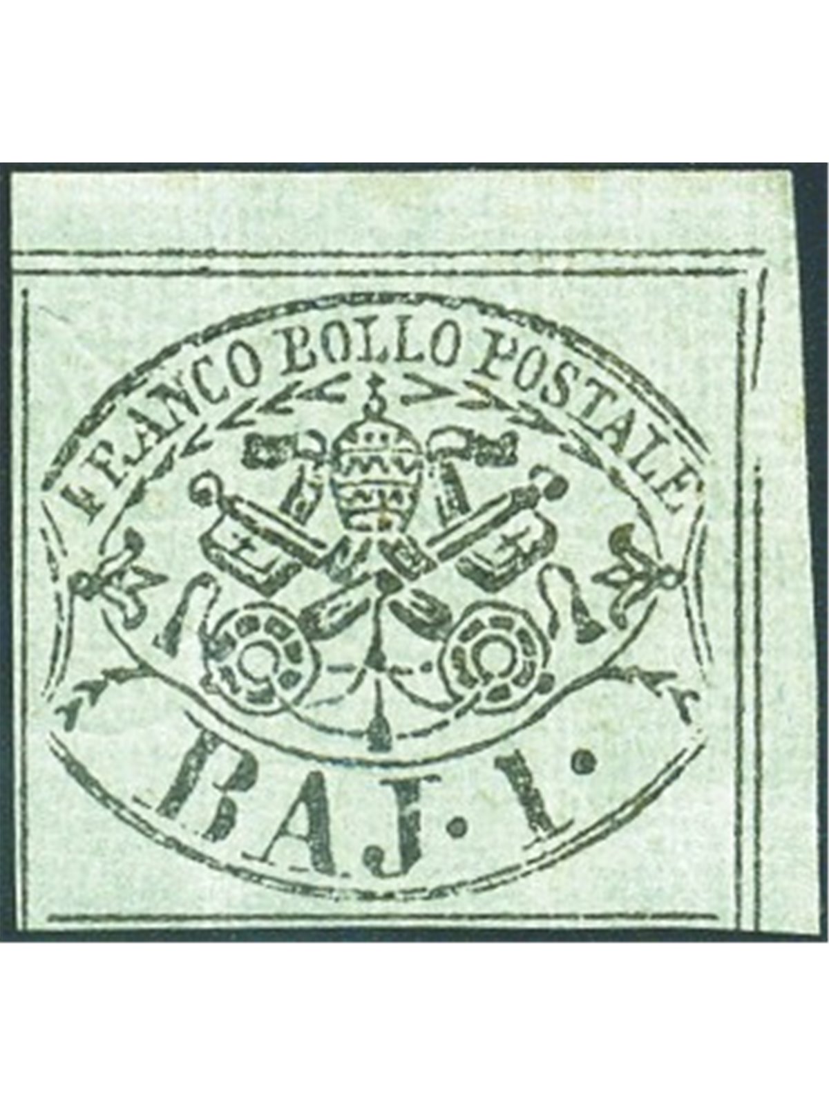 Papal States 1852 Coat of Arms 1 b. greyish-green corner of sheet no. 2 Cert. Biondi Cat. €1,000 (**)