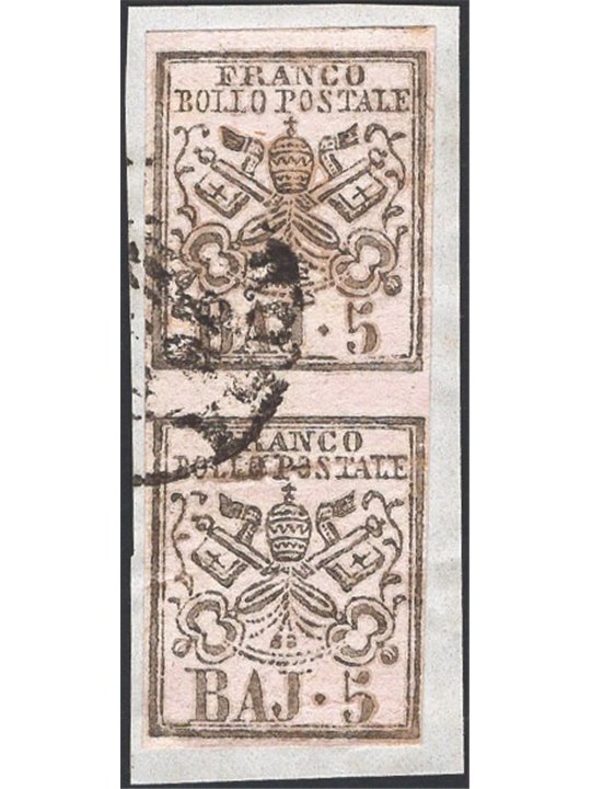 Papal States 1852 Coat of Arms 5 light pink in a vertical pair with group spacing printed in grey ink. ED Certificate Catalogue 