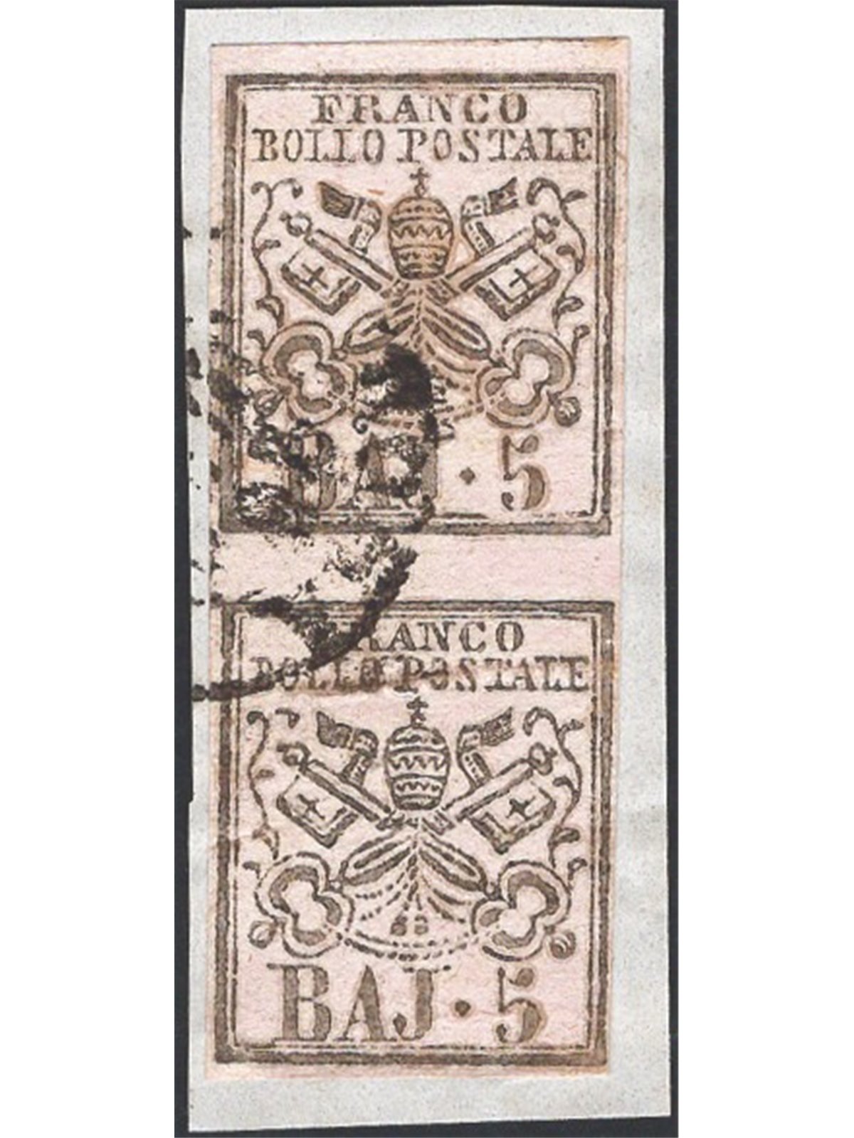 Papal States 1852 Coat of Arms 5 light pink in a vertical pair with group spacing printed in grey ink. ED Certificate Catalogue 