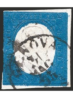 Sardinia 1854 Victor Emmanuel in relief 20 c. light blue no. 8 left margin flush Cert. CiBaFil Cat. €450 (U)