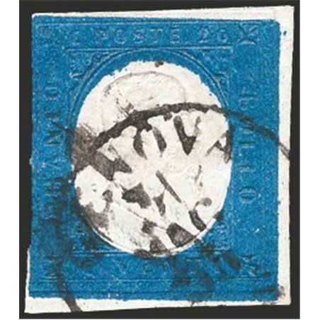 Sardinia 1854 Victor Emmanuel in relief 20 c. light blue no. 8 left margin flush Cert. CiBaFil Cat. €450 (U)
