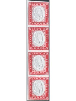 Sardinia 1862 4th issue of the 40 c. carmine pink strip of 4 no. 16E Cert. SPC Cat. € 2,200+ (**)