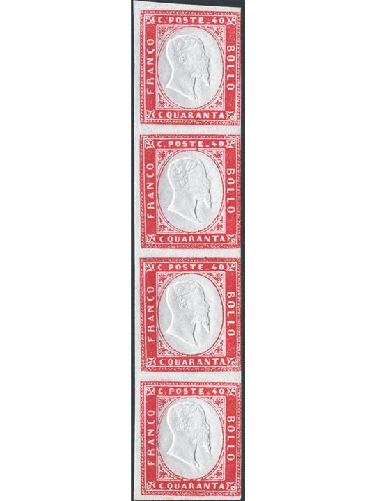 Sardinia 1862 4th issue of the 40 c. carmine pink strip of 4 no. 16E Cert. SPC Cat. € 2,200+ (**)