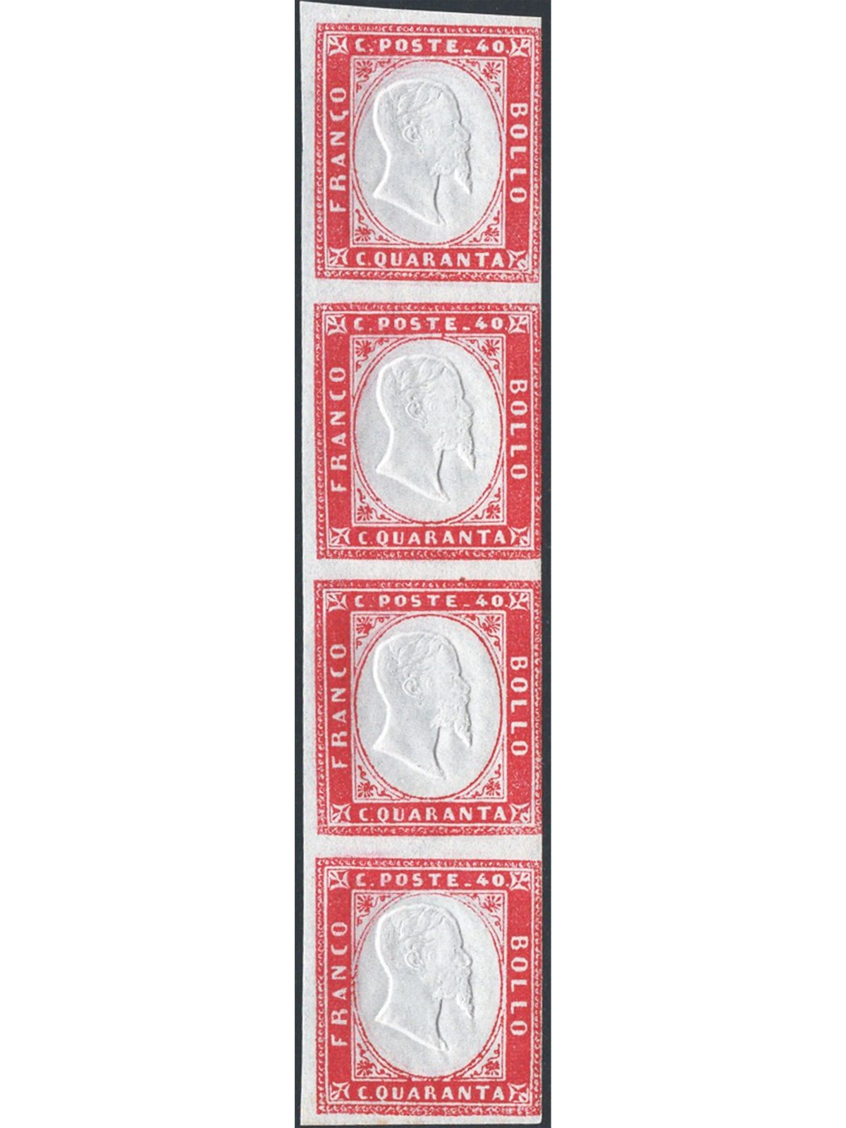 Sardegna 1862 IV emissione del 40 c. rosa carminio striscia di 4 n° 16E Cert. SPC Cat. € 2.200+ (**)