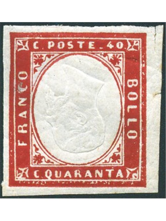 Sardegna 1861  Vitt. Emanuele 40 c. rosso carminio con effigie capovolta n° 16D Cert. Biondi Cat. (come usato) € 11.000 (**)