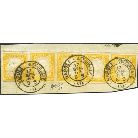 Sardinia 17/1/63 Victor Emmanuel 80 c. Aran yellow in a strip of 5 on a fragment with a double-circle cancellation reading ‘Napo
