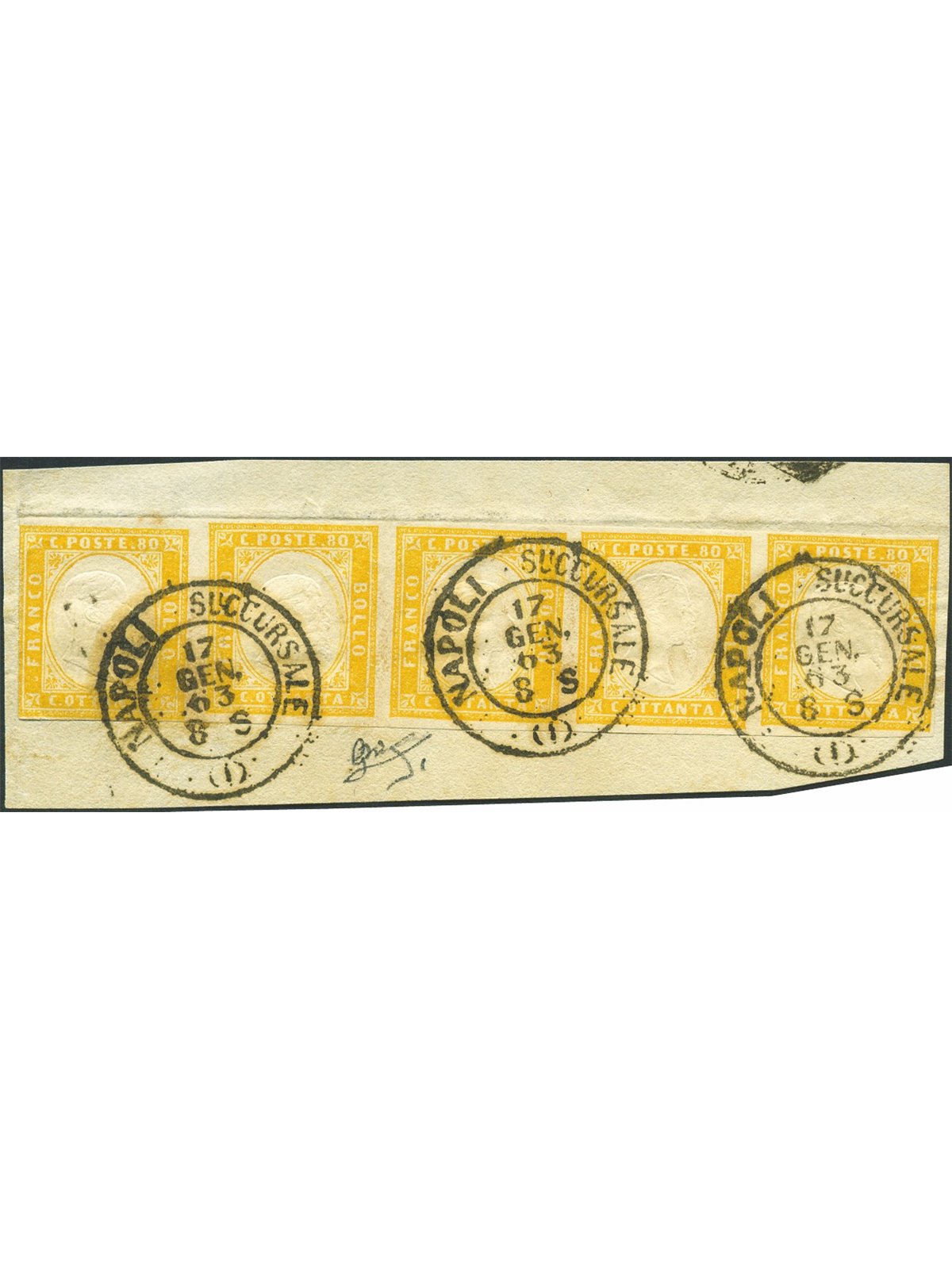 Sardinia 17/1/63 Victor Emmanuel 80 c. Aran yellow in a strip of 5 on a fragment with a double-circle cancellation reading ‘Napo