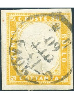 Sardegna 1860 Vitt. Emanuele 80 c. giallo arancio con annullo di Genova n° 17D Cert. Biondi Cat. € 700 (U)